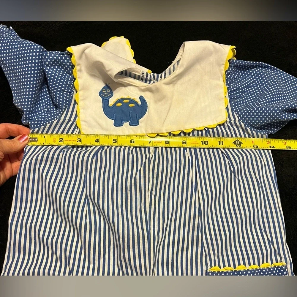 *True Vtg 70’s 2T/3T Baby Boy Home Sewn Blue & White Striped Romper w/ Dinosaur
